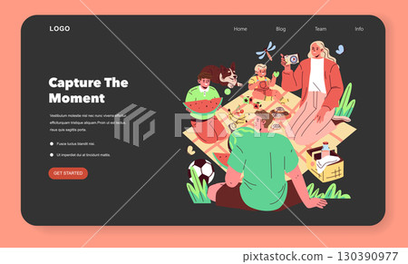 Vector illustration of a joyful family picnic featuring watermelon, food, and games. People enjoying leisure time on a patterned blanket with cheerful expressions. 130390977