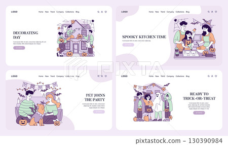 Vector illustrations depicting Halloween activities including decorating a house with pumpkins, baking spooky treats, enjoying time with pets, and dressing up for trick-or-treating. Perfect for 130390984