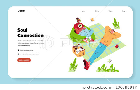 Vector illustration of two friends enjoying a relaxing picnic on a checkered blanket with snacks. One person lounges while the other sits on a bean bag, both smiling and enjoying outdoor leisure. 130390987