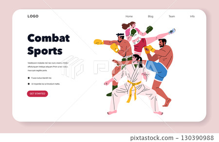 Vector illustration of diverse athletes engaged in combat sports, showcasing various fighting styles like boxing, karate, and kickboxing. Emphasizes strength and agility. 130390988