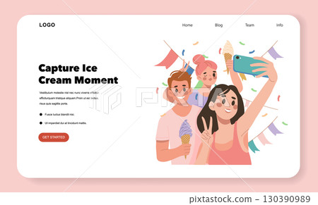 Vector illustration of a cheerful family capturing a fun moment by taking a selfie while enjoying ice cream. Bright colors and joyous expressions highlight the scene's lively atmosphere. 130390989