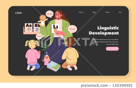 Vector illustration of a teacher engaging children in a linguistic development activity. The teacher uses animal cards and puppets to teach letter sounds in a playful setting. Vector illustration of a teacher engaging children in a linguistic development activity. The teacher uses animal cards and puppets to teach letter sounds in a playful setting. 130390991