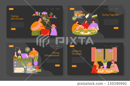 Vector illustration showcasing a cooking process, group dining, and food presentations. Characters enjoy tasting mid-cooking, sharing a meal, and celebrating occasions with meals. Vector illustration showcasing a cooking process, group dining, and food presentations. Characters enjoy tasting mid-cooking, sharing a meal, and celebrating occasions with meals. 130390992