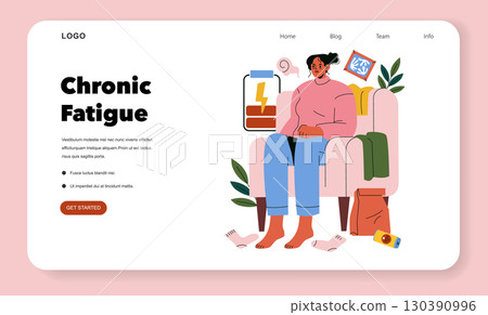 Vector illustration depicting a person experiencing chronic fatigue, sitting tiredly in a chair. Accompanied by symbolic elements like a low battery and scattered items, representing exhaustion. 130390996