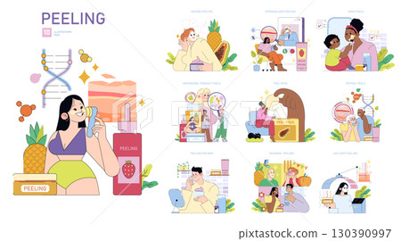 Vector illustration set depicting various skincare peeling techniques, including enzyme, retinol, and LED light peeling. Features diverse individuals using different peels. Vector illustration set depicting various skincare peeling techniques, including enzyme, retinol, and LED light peeling. Features diverse individuals using different peels. 130390997