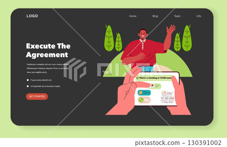 Vector illustration depicts a person waving in front of a digital agreement on a mobile device interface. This representation shows digital interaction and communication in a modern context. Vector illustration depicts a person waving in front of a digital agreement on a mobile device interface. This representation shows digital interaction and communication in a modern context. 130391002