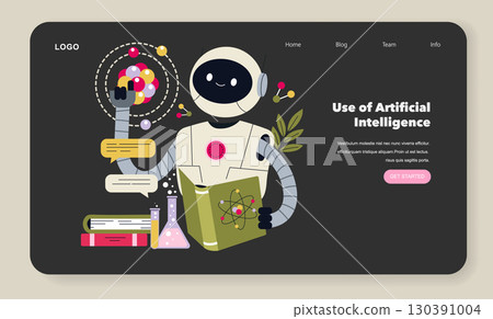 Vector illustration of a cheerful robot engaging with a book on artificial intelligence. Surrounding elements include books, laboratory equipment, and a digital interface. Vector illustration of a cheerful robot engaging with a book on artificial intelligence. Surrounding elements include books, laboratory equipment, and a digital interface. 130391004