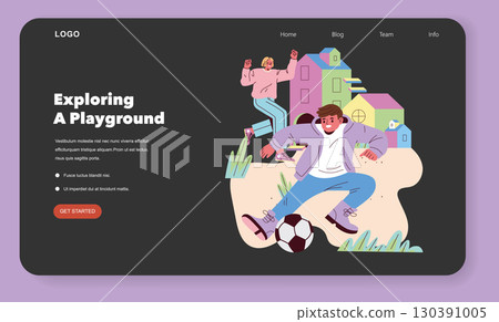 Vector illustration of two cheerful kids playing soccer in a vibrant playground with colorful houses. Depicts excitement, energy, and joyful interaction in a whimsical setting. Vector illustration of two cheerful kids playing soccer in a vibrant playground with colorful houses. Depicts excitement, energy, and joyful interaction in a whimsical setting. 130391005