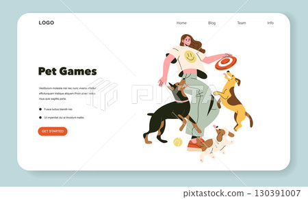 Vector illustration of a woman joyfully playing with three dogs while tossing a frisbee. The dogs eagerly jump around her, showcasing a lively interaction and playful atmosphere. Vector illustration of a woman joyfully playing with three dogs while tossing a frisbee. The dogs eagerly jump around her, showcasing a lively interaction and playful atmosphere. 130391007