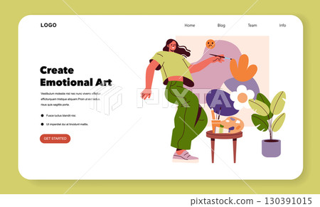 Vector illustration of a woman painting abstract flower art on a creative website design. Includes vibrant colors, brush and palette, highlighting emotional art creation process. Vector illustration of a woman painting abstract flower art on a creative website design. Includes vibrant colors, brush and palette, highlighting emotional art creation process. 130391015