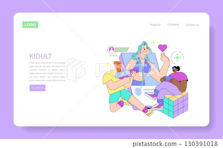 Vector illustration depicting diverse kidult characters engaging with various gadgets. Display features a lively scene of fun, expressing joy and interaction on a purple background. 130391018