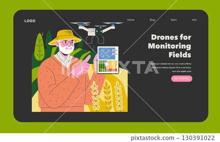 Illustration features a farmer interacting with drone data on a tablet, highlighting the role of drones in monitoring agricultural fields. The design emphasizes technology in farming. 130391022