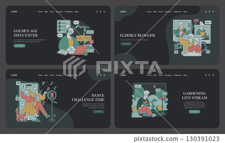 Vector illustration depicting elderly individuals actively engaging in digital activities like blogging, live streaming, and dance challenges. Expresses creativity and enthusiasm in a digital age. 130391023
