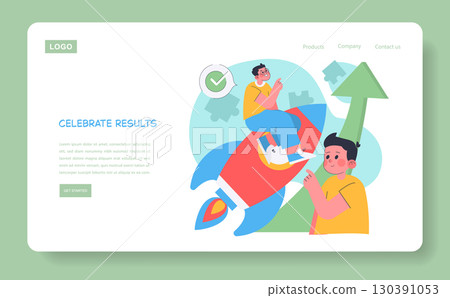 Colorful vector illustration showing two joyful individuals celebrating success with a rocket and an upward arrow symbolizing growth. Emphasizes teamwork and accomplishment. 130391053
