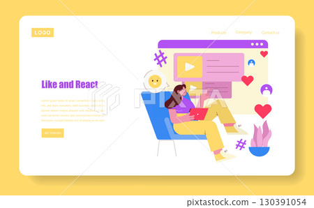Vector illustration of a young woman sitting on a chair, engaging with social media on her tablet. Surrounded by icons like hearts and hashtags, she enjoys online interactions. 130391054