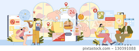 Vector illustration depicting various aspects of an online food ordering app. Includes elements like digital menus, payment options, and navigation. People interacting with app features. Vector illustration depicting various aspects of an online food ordering app. Includes elements like digital menus, payment options, and navigation. People interacting with app features. 130391088