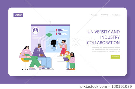 Vector illustration depicting a diverse group engaged in a university and industry collaboration meeting, discussing innovation and technology. Inclusive teamwork and knowledge exchange are 130391089