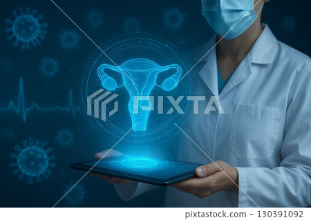 AI generated futuristic medical scene with doctor showing glowing cervix hologram digital healthcare technology neon blue clean background 130391092