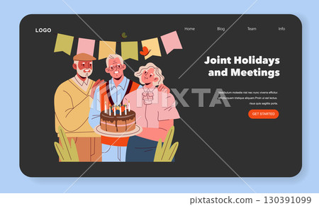 Vector illustration of a cheerful group celebrating with a birthday cake. A multicultural gathering under a festive banner, sharing joy and warmth in a harmonious setting. Vector illustration of a cheerful group celebrating with a birthday cake. A multicultural gathering under a festive banner, sharing joy and warmth in a harmonious setting. 130391099