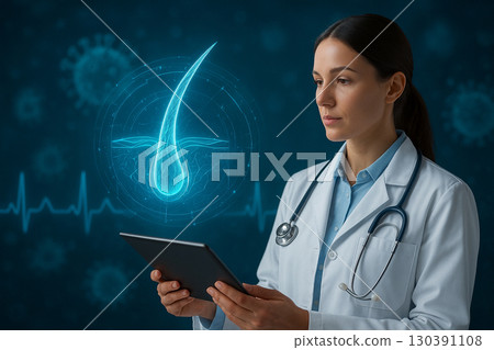 AI generated futuristic medical scene showing doctor analyzing glowing holographic hair follicle with advanced technology in clean safe atmosphere AI generated futuristic medical scene showing doctor analyzing glowing holographic hair follicle with advanced technology in clean safe atmosphere 130391108