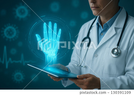 AI generated doctor analyzing holographic hand and nails with glowing virus background and realtime health data futuristic medical technology 130391109