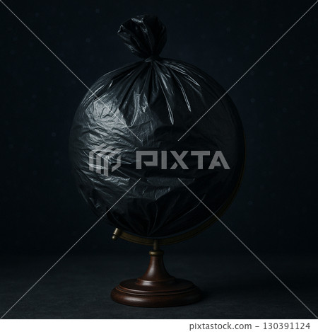 AI generated image of a globe covered in black garbage bag symbolizing pollution waste destruction and environmental crisis under dark night sky 130391124