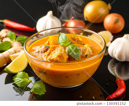 AI generated Aromatic Massaman curry served steaming in a contemporary glass bowl, placed on a sleek black glass table with mirror-like finish surrounding ingredients AI generated Aromatic Massaman curry served steaming in a contemporary glass bowl, placed on a sleek black glass table with mirror-like finish surrounding ingredients 130391152