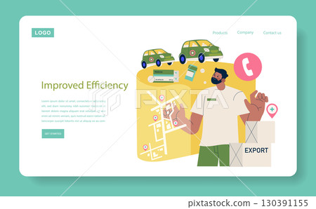 Vector illustration of a person representing efficient export and logistics management. Includes elements like cars, a map, export boxes, and communication symbols. Vector illustration of a person representing efficient export and logistics management. Includes elements like cars, a map, export boxes, and communication symbols. 130391155