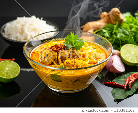 AI generated Fragrant northern Thai khao soi chicken curry noodles served steaming in a contemporary glass bowl, placed on a glossy black table with mirror-like reflection surrounding ingredients 130391162