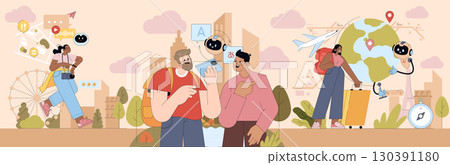 Illustration of travelers using AI and technology for translation and navigation. Features diverse individuals interacting with digital maps, language apps, and virtual guides. Vector format. 130391180