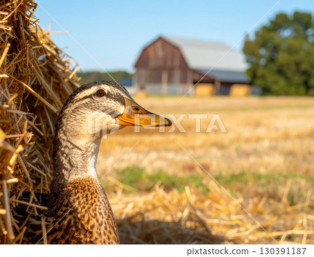 AI generated image of a cheerful duck smiling and playfully peeking from the side with half its body visible. The background features a picturesque farm scene rustic barn, golden hay bales open fields 130391187