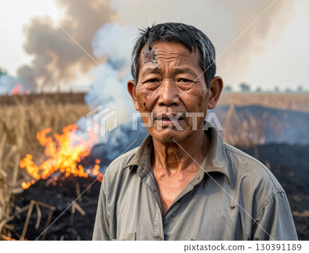 AI generated elderly Asian farmer crying with tears in dry burning grass field ash on head and shoulders smoky polluted air background environmental crisis 130391189