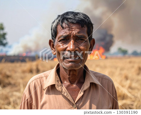 AI generated elderly Asian farmer crying with tears in dry burning grass field ash on head and shoulders smoky polluted air background environmental crisis 130391190