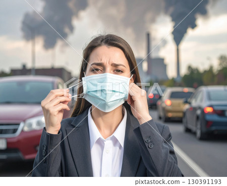 AI generated woman in suit crying with mask on polluted street full of cars and factory smoke dark sky filled with toxic fumes urban air pollution health hazard 130391193