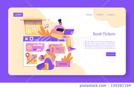 Vector illustration of people interacting with online ticket booking platform. Users engage with digital interface, highlighting QR code and map features for seamless experience. 130391194