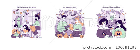 Vector illustration set depicting Halloween activities. Includes DIY costume making, a pet joining the festivities, and a makeup session. Perfect for seasonal themes and celebrations. Vector illustration set depicting Halloween activities. Includes DIY costume making, a pet joining the festivities, and a makeup session. Perfect for seasonal themes and celebrations. 130391195