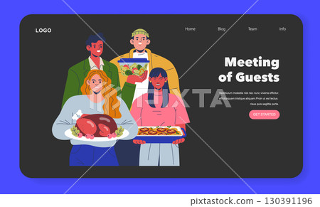 Vector illustration of a group of people smiling as they gather with platters of food in hand. Features cheerful expressions as they share a meal, highlighting a social gathering. 130391196