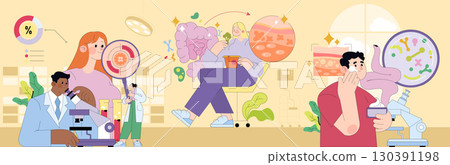 Vector illustration depicting scientists examining biological samples under a microscope. Showcases research and analysis in a lab setting with diverse scientific equipment. 130391198