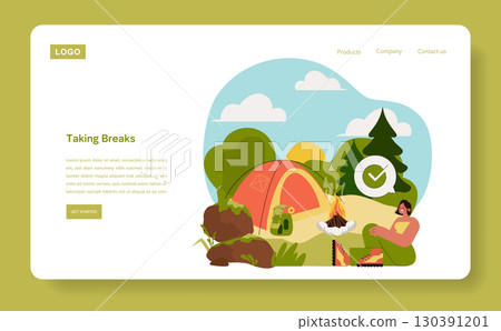 Vector illustration depicting a person relaxing by a campfire next to a tent in a scenic outdoor setting. The joyful atmosphere highlights the importance of taking breaks in nature. 130391201