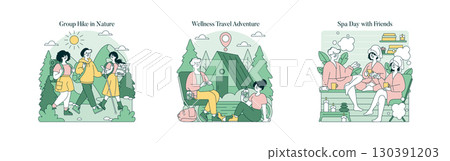 Vector illustration showing group activities: friends hiking in nature, enjoying a camping trip, and relaxing in a spa environment. Represents leisure, wellness, and friendship. 130391203