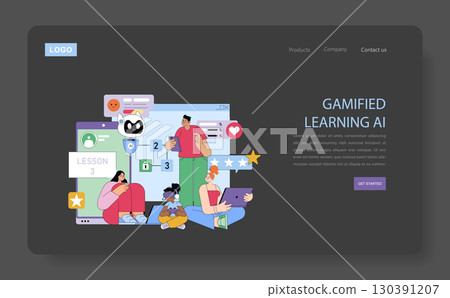 Vector illustration of diverse group interacting with gamified AI learning platform. Features colorful elements like stars, lessons, and avatars to enhance learning experience. Vector illustration of diverse group interacting with gamified AI learning platform. Features colorful elements like stars, lessons, and avatars to enhance learning experience. 130391207