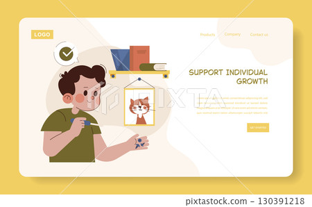 Child happily using scissors to cut paper while standing in front of a wall which displays a framed picture of a cat. Books on the shelf imply a learning environment. Child happily using scissors to cut paper while standing in front of a wall which displays a framed picture of a cat. Books on the shelf imply a learning environment. 130391218