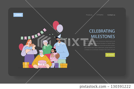Diverse group gathered for a celebration, involving a cake, balloons, and gifts. Vector illustration shows smiling adults and children, conveying joy at the milestone event. 130391222