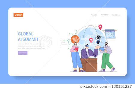 Vector illustration depicting a global AI summit scene with a diverse group of people engaging in discussion. Includes technology icons, virtual reality elements, and digital maps. Vector illustration depicting a global AI summit scene with a diverse group of people engaging in discussion. Includes technology icons, virtual reality elements, and digital maps. 130391227