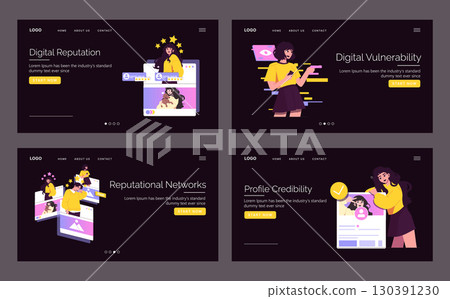 Vector illustration set showcasing digital reputation management. Images include individuals addressing online profiles, digital vulnerability, reputational networks, and profile credibility issues. 130391230