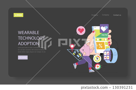 Vector illustration highlighting wearable technology adoption. Features a person jogging with smart devices that display health data, emphasizing modern fitness tracking and connectivity. Vector illustration highlighting wearable technology adoption. Features a person jogging with smart devices that display health data, emphasizing modern fitness tracking and connectivity. 130391231