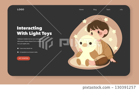 Vector illustration of a child hugging a glowing toy in a cozy setting. The child shows a calm and curious expression, surrounded by stars, creating a warm, comforting atmosphere. Vector illustration of a child hugging a glowing toy in a cozy setting. The child shows a calm and curious expression, surrounded by stars, creating a warm, comforting atmosphere. 130391257