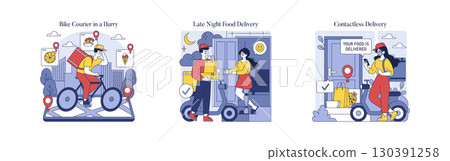 Vector illustration set depicting bike and scooter couriers delivering food orders. Scenes show bike courier in a hurry, a late-night delivery, and a contactless food drop-off. Vector illustration set depicting bike and scooter couriers delivering food orders. Scenes show bike courier in a hurry, a late-night delivery, and a contactless food drop-off. 130391258