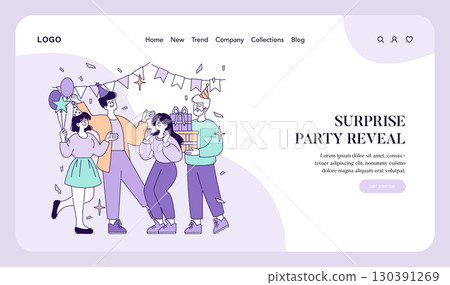 Vector illustration of a surprise party with friends celebrating. People are holding gifts and balloons, surrounded by festive decorations. Facial expressions show joy and excitement. 130391269