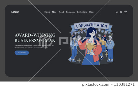 Vector illustration of a businesswoman holding a trophy, surrounded by applauding colleagues with a congratulatory banner. Celebrates achievement and teamwork in a professional setting. Vector illustration of a businesswoman holding a trophy, surrounded by applauding colleagues with a congratulatory banner. Celebrates achievement and teamwork in a professional setting. 130391271